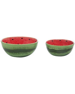 Set Of 2 Transpac Dolomite Red Spring Bright Watermelon Nested Bowls Home