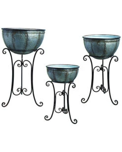 Set Of 3 Transpac Metal Silver Spring Rustic Round Standing Containers Home