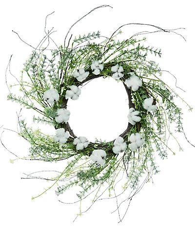 22in White Spring Cotton With Greenery Wreath Home 3 22in White Spring Cotton With Greenery Wreath Home