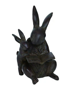 Resin Black Spring Bunnies Reading Garden Statuette Home