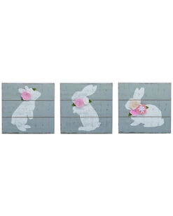 Set Of 3 MDF Bunny With Flower Accent Decor Home