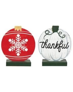 Wood 12.75in Multicolored Christmas Reversible Pumpkin And Ornament Decor, Set Of 2 Home