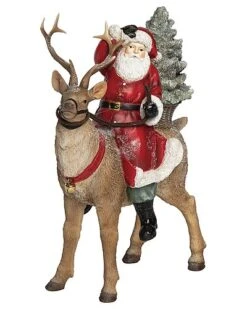 Resin 10in Multicolored Christmas Rustic Santa And Reindeer Figurine Home