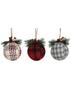 Fabric/Canvas 4in Multicolored Christmas Plaid Ball Ornament Set Of 3 Home