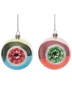 Glass 4.5in Multicolored Christmas Retro Round Ornament Set Of 2 Home