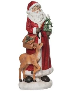 Resin 12in Multicolored Christmas Santa With Tree And Reindeer Figurine Home