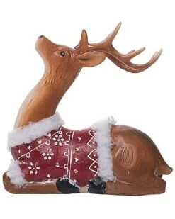 Resin 7.5in Multicolored Christmas Sitting Reindeer With Fuzzy Sweater Figurine Home