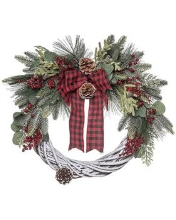 Artificial 24in Multicolored Christmas Woven Wreath With Check Bow Home