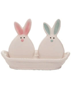 Set Of 3 Transpac Dolomite 6in White Easter Pom Pom Bunnies Salt & Pepper Home