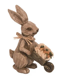 Resin 9in Brown Spring Carved Bunny With Carrot In Wheelbarrow Figurine Home