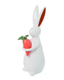 Ceramic 12in White Easter Smooth Bunny With Carrot Statuette Home