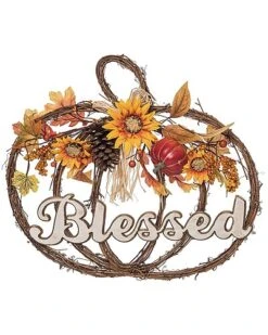 Metal 20In Multicolored Harvest Twig Pumpkin Shaped Blessings Wreath Home