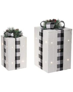 Wood 12.5in Multicolored Christmas Light Up Buffalo Check Bow Gift Decor Set Of 2 Home