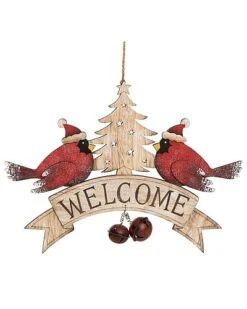 Wood 13.75in Multicolored Christmas Cardinal Welcome Sign Home