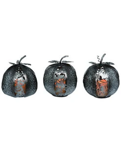 Set Of 3 Metal 11in Silver Halloween Light Up Spooky Pumpkins Home