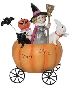 Resin 8.75In Multicolored Halloween Pumpkin Cart With Trick Or Treaters Decor Home