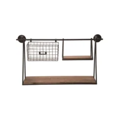 Transpac Metal 27.95 In. Brown Shelf With Basket And Hooks
